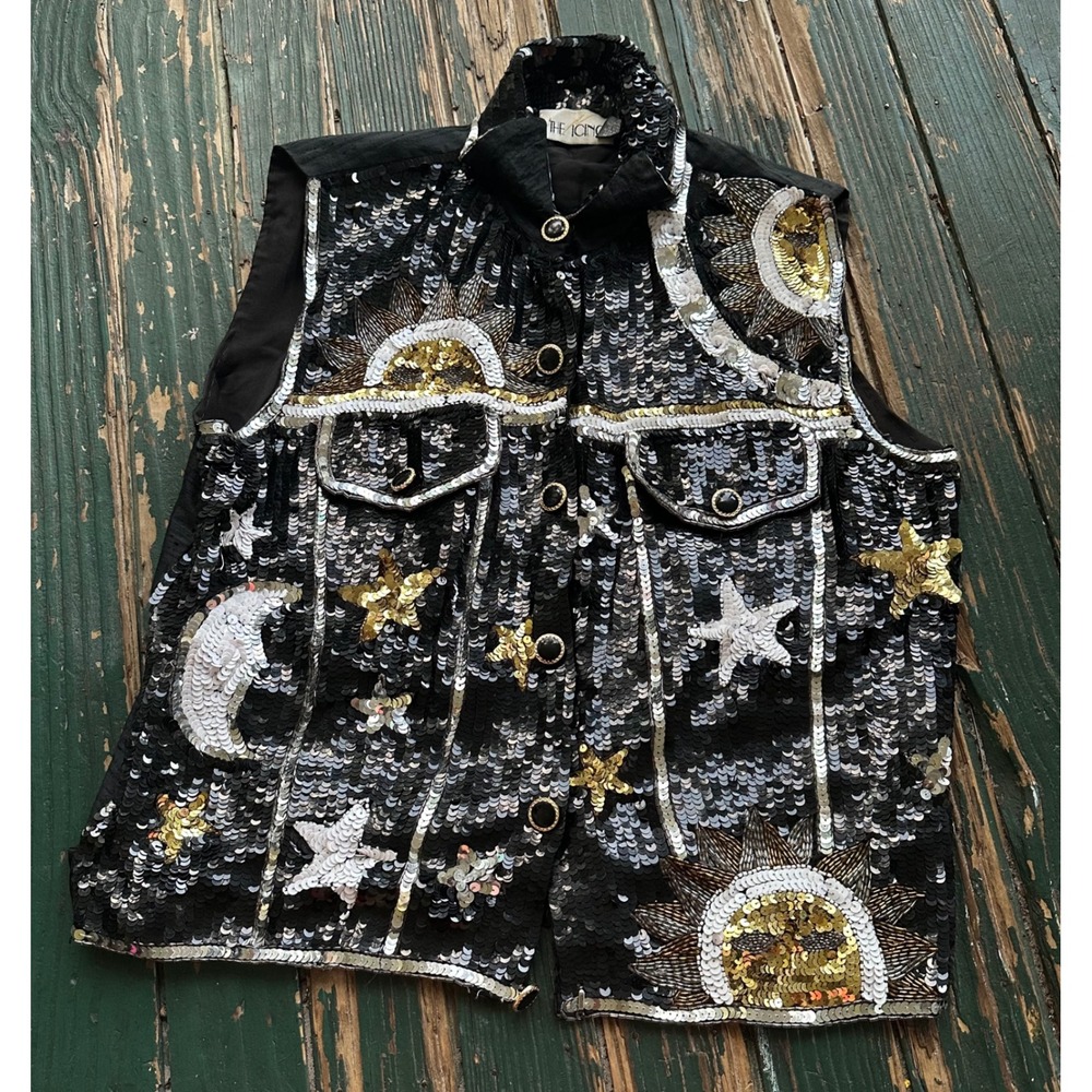 Vintage The Icing Sequin Celestial Sun Moon Stars Vest Black Gold Silver L